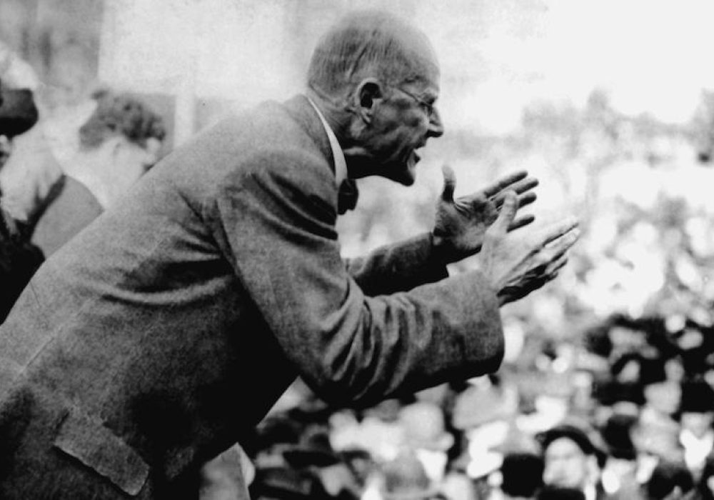 Eugene Debs speaking in Canton, Ohio in 1918. He was arrested shortly thereafter on charges of sedition. CREDIT: <a href="https://commons.wikimedia.org/wiki/File:Debs_Canton_1918_large.jpg">CantonRep.com/Public Domain</a>
