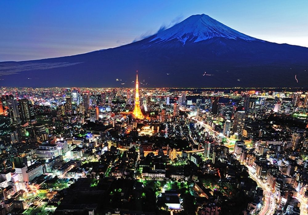 <a href="http://www.shutterstock.com/pic-78968362/stock-photo-mt-fuji-and-tokyo-city-in-twilight.html">Tokyo and Mt. Fuji</a> via Shutterstock