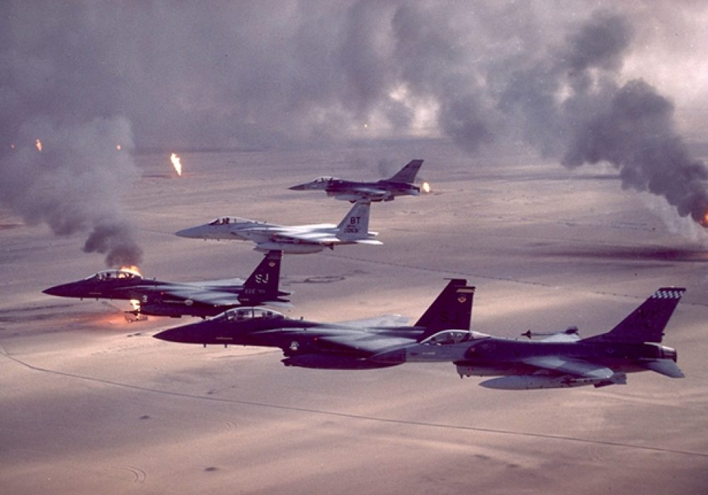 U.S. Air Force jets fly over burning oil field sites in Kuwait during Operation Desert Storm. CREDIT: <A HREF="https://www.flickr.com/photos/usairforce/6144567886/">U.S. Air Force</a>