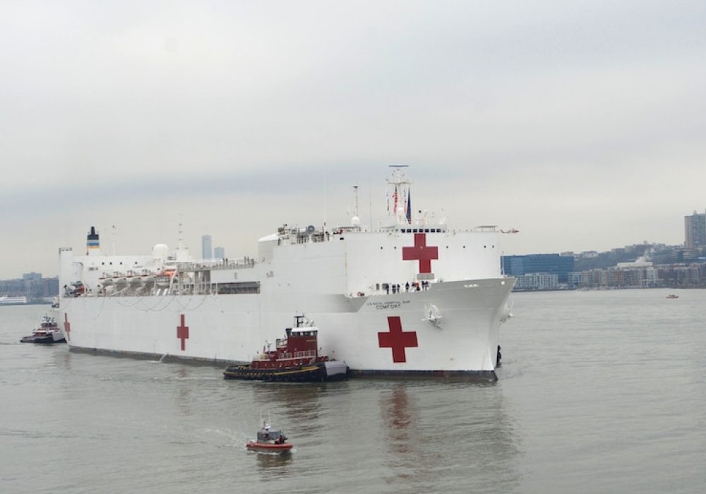USNS <i>Comfort</i> arrives in New York City, March 30, 2020. CREDIT: <a href="https://www.flickr.com/photos/navymedicine/49721679586/in/photostream/">U.S. Navy photo by Mass Communications Specialist 2nd Class Adelola Tinubu (Public Domain)</a>