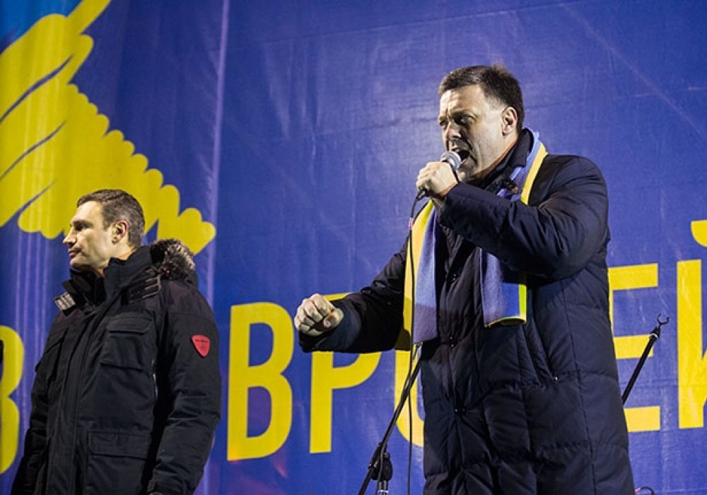 <a href="http://www.shutterstock.com/pic-167907944/stock-photo-kiev-ukraine-december-leader-of-the-ukrainian-party-svoboda-oleh-tyahnybok-speaks-to.html?src=aI4iYiLlPq-416Y14H7acw-1-0"> Leader of the Svoboda party Oleh Tyahnybok </a> via Shutterstock