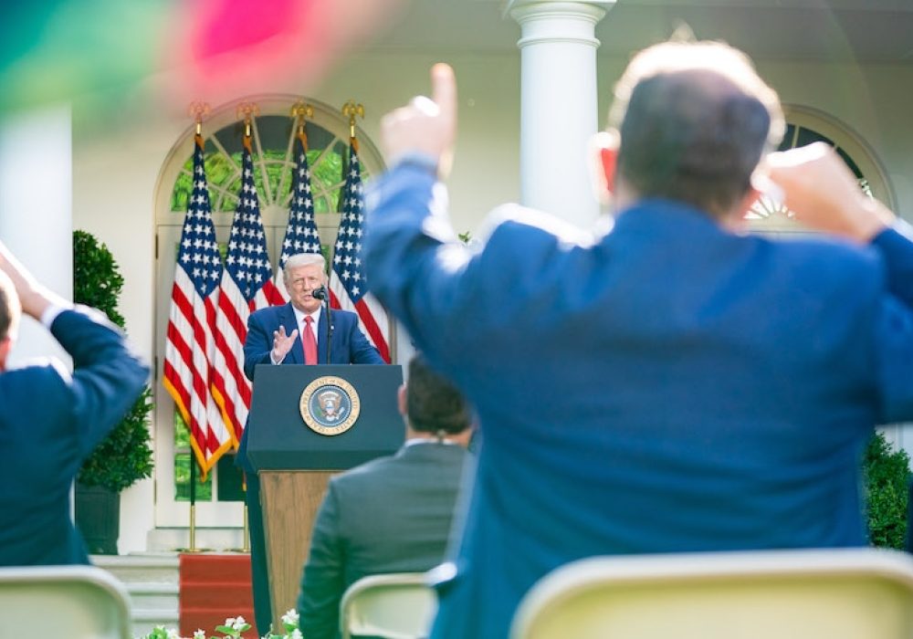White House press conference, July 14, 2020. CREDIT: <a href="https://www.flickr.com/photos/whitehouse/50115849402/">The White House/Tia Dufour/Public Domain</a>.