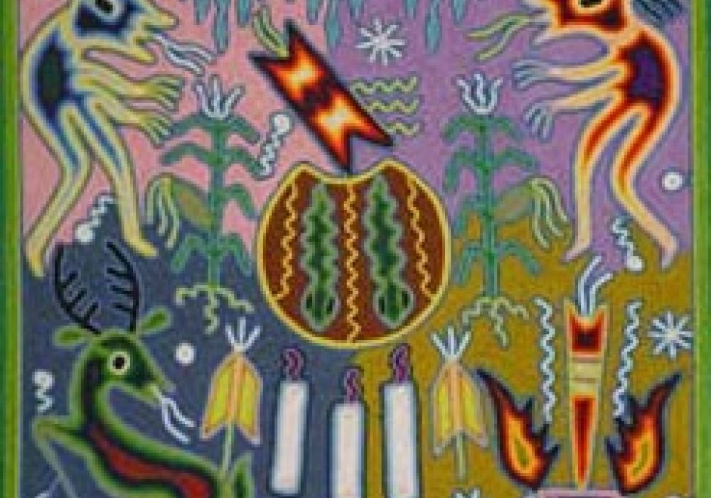 <a href="http://www.handcraftingjustice.org/index.php?lang=en&pt=ProductDetail&productID=924" target=_blank>Huichol wall art</a> by Candida Torres Carrillo.
