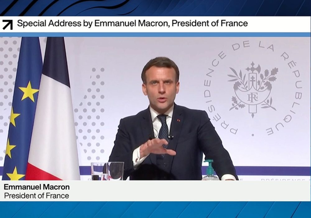 President Macron at the World Economic Forum's Davos Agenda, January 2021. <br>CREDIT: <a href="https://www.flickr.com/photos/worldeconomicforum/50877135273">World Economic Forum/Pascal Bitz</a> <a href="https://creativecommons.org/licenses/by-nc-sa/2.0/">(CC)</a>
