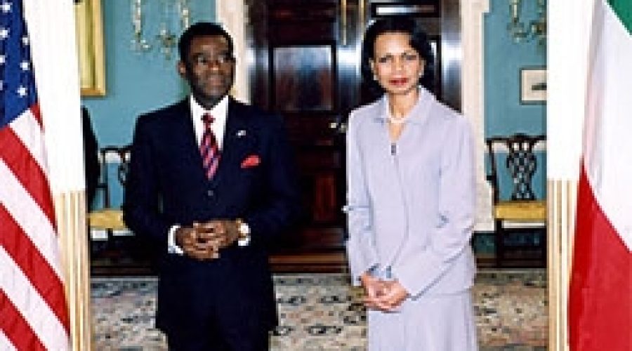 U.S. Secretary of State Rice and President Obiang,<br> Equatorial Guinea CREDIT: <a href="http://commons.wikimedia.org/wiki/Image:Secretary_Rice_and_President_Obiang.jpg" target=_blank>U.S. State Dept</a>