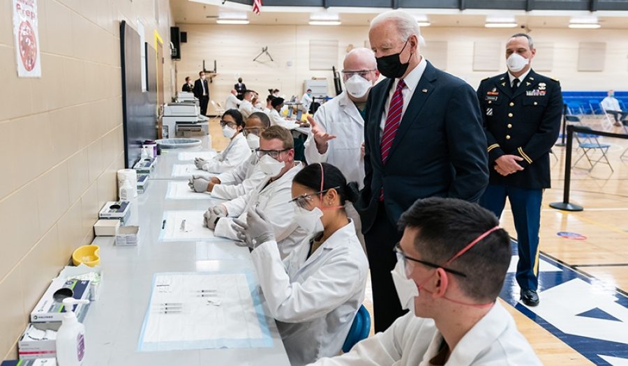 President Biden observes vaccine dosage preparations at Walter Reed National Military Medical Center in Maryland, January 29, 2021. CREDIT: <a href="https://www.flickr.com/photos/whitehouse/51145157658/">Official White House Photo by Adam Schultz</a> (<a href="https://www.usa.gov/government-works">U.S. Government Works</a>)