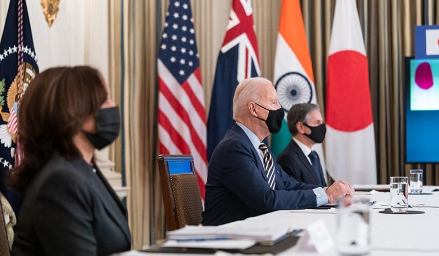 President Biden, Vice President Harris, & Secretary Blinken during a virtual Quad Summit with Australia, India, & Japan at the White House, March 2021. CREDIT: <a href="https://www.flickr.com/photos/whitehouse/51102889275/in/photostream/">Official White House Photo by Adam Schultz</a> <a href="https://www.usa.gov/government-works">(U.S. Government Works)</a>