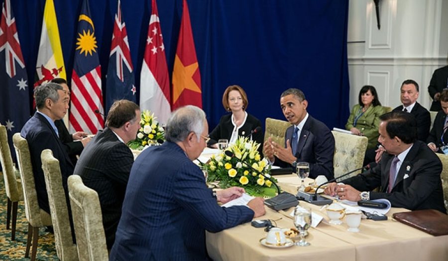 Obama attends TPP meeting at the ASEAN Summit in Cambodia, Nov. 20, 2012. CREDIT: <a href="https://www.flickr.com/photos/whitehouse/8247637207/in/photolist-dyPicv" target="_blank">The White House</a>