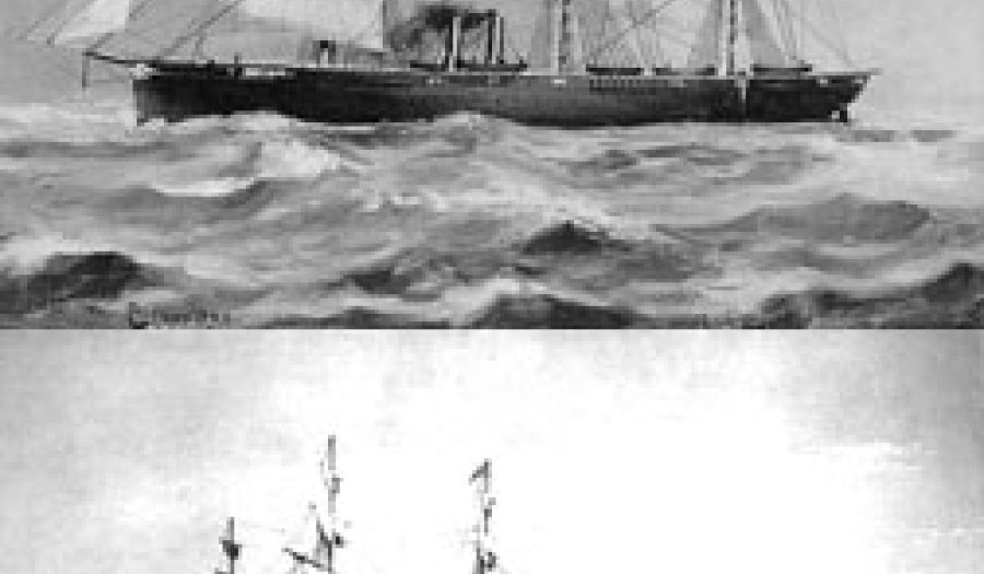 USS Niagara (top) and HMS Agamemnon, the ships that <br>connected Newfoundland and Ireland with the first <br>trans-Atlantic telegraph cable.