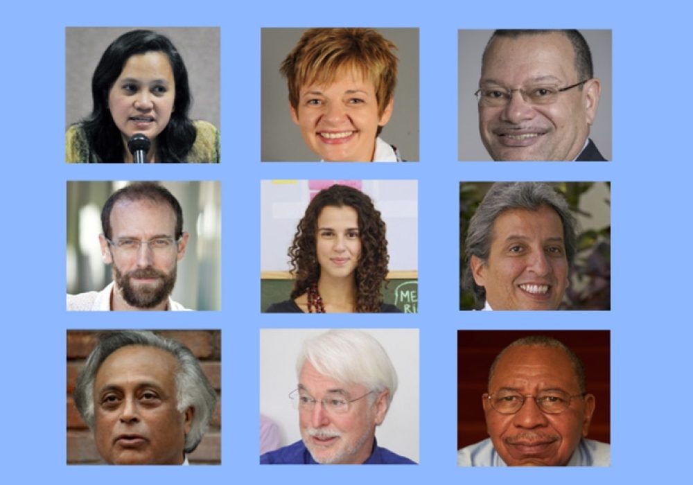 L to R, top row: Elenita (Neth) Daño, Maria Ivanova, Ronald Jumeau. Middle row: David Keith, Alessandra Orofino, Manuel Pulgar-Vidal. Bottom row: Jairam Ramesh, Steve Rayner, Youba Sokona.