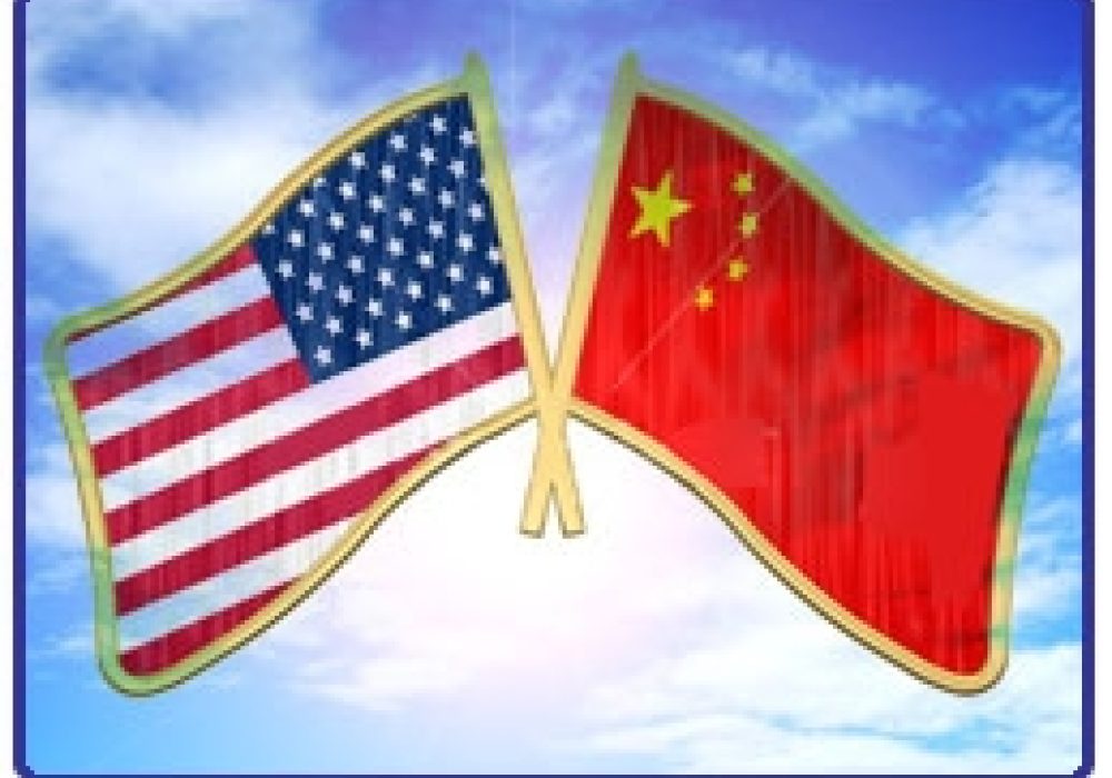 USA and China flag icons against background of sky