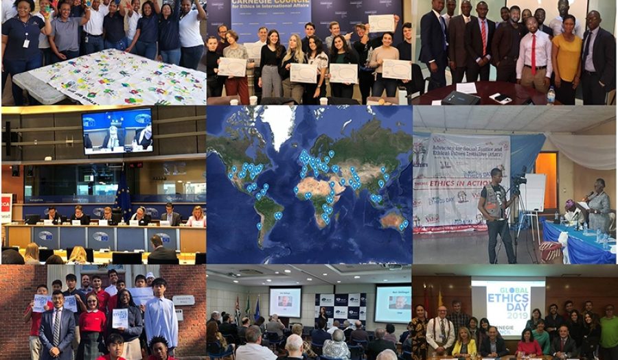 L to R from top row: Auditor General South Africa, Carnegie Council for Ethics in International Affairs, Megabank (Gambia), ACCA and CFA Institute at European Parliament (Belgium), Map of 2019 participants, Advocacy for Social Justice and Ethical Values Initiative (Nigeria), The Knox School (New York), Group of Ethics and Sustainability (Brazil), and Comillas Pontifical University (Spain).
