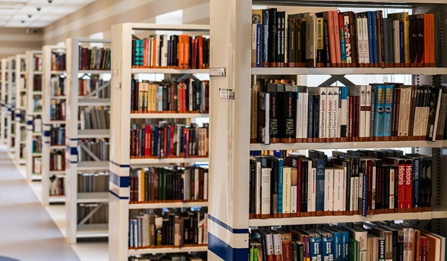Library bookshelves. CREDIT: <a href=https://pixabay.com/photos/library-book-reading-education-488690/>Jarmoluk (CC)</a>.