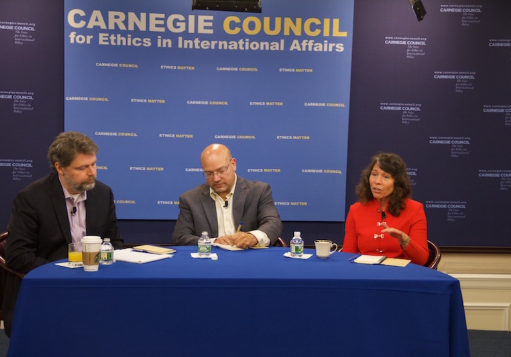 L to R: Colin Dueck, Nikolas Gvosdev, Kori Schake. CREDIT: Amanda Ghanooni