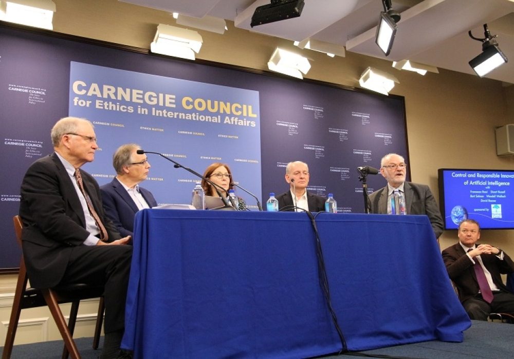 L to R: David Roscoe, Bart Selman, Francesca Rossi, Stuart Russell, Wendell Wallach. CREDIT: Amanda Ghanooni