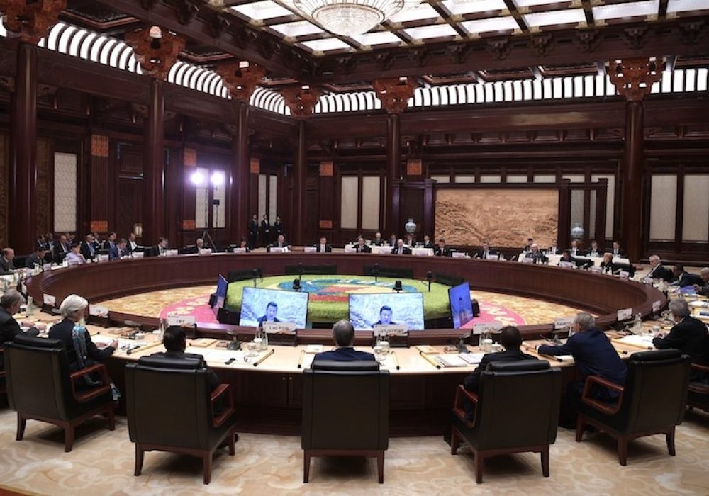 Meeting of leaders at the Belt and Road International Forum, May 2017, Beijing. CREDIT: <a href="https://commons.wikimedia.org/wiki/File:Roundtable_meeting_of_leaders_at_Belt_and_Road_international_forum.jpg"> Russian Presidential Press & Information Office (CC)</a>