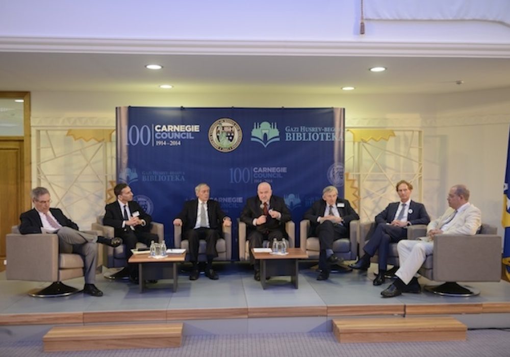 Michael Ignatieff, Joel Rosenthal, George Rupp, Mustafa Cerić, Adam Roberts, David Rodin, and Ivo Banac (L to R). <br>CREDIT: Irfan Redzovic
