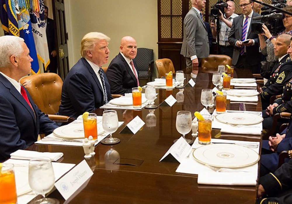 Vice Pres. Pence, Pres. Trump, National Security Adviser McMaster with U.S. military members, July 2017. CREDIT: <a href="https://commons.wikimedia.org/wiki/File:Trump_Pence_McMaster_Lunch_Service_Members_18_July_2017-2.jpg">White House/Shealah Craighead</a>