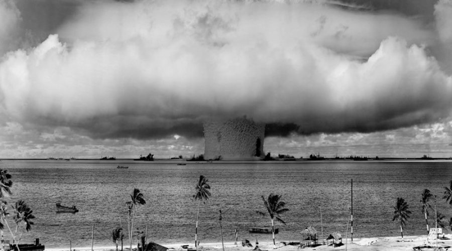 "Baker" explosion, part of U.S. military's Operation Crossroads. Bikini Atoll, Micronesia, July 1946. CREDIT: <a href="https://commons.wikimedia.org/wiki/File:Operation_Crossroads_Baker_Edit.jpg">U.S. Deptartment of Defense</a>