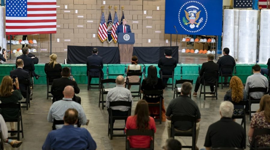 President Trump at Honeywell International Inc., Phoenix, AZ, May 5, 2020. <br>CREDIT: <a href=https://www.flickr.com/photos/whitehouse/49863033943/>Shealah Craighead/White House/Public Domain</a>.