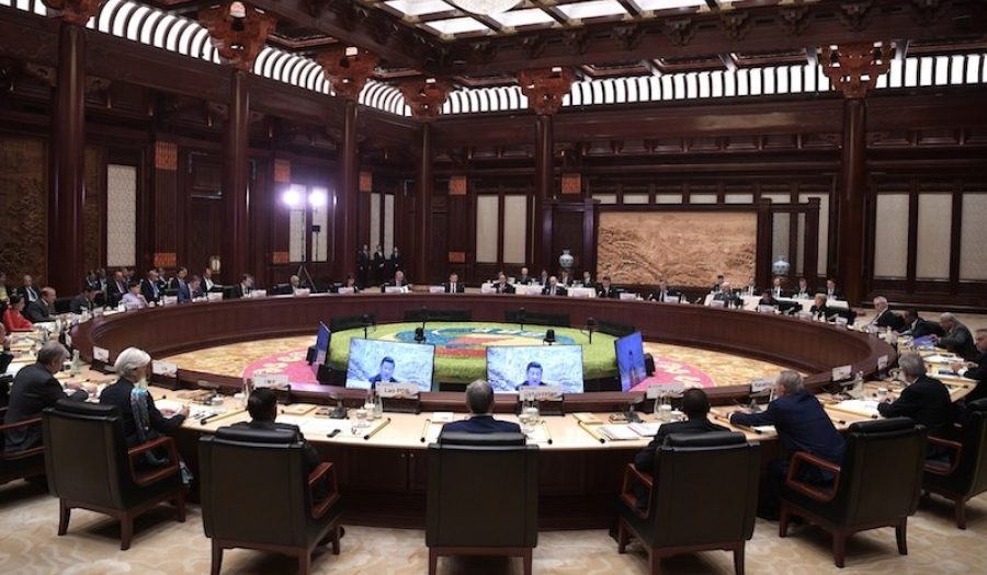 Meeting of leaders at the Belt and Road International Forum, May 2017, Beijing. CREDIT: <a href="https://commons.wikimedia.org/wiki/File:Roundtable_meeting_of_leaders_at_Belt_and_Road_international_forum.jpg"> Russian Presidential Press & Information Office (CC)</a>