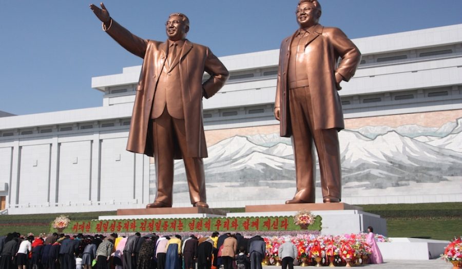 Statues of Kim Il-sung and Kim Jong-il at the Mansu Hill Grand Monument, Pyongyang. CREDIT: <a href="https://commons.wikimedia.org/wiki/File:The_statues_of_Kim_Il_Sung_and_Kim_Jong_Il_on_Mansu_Hill_in_Pyongyang_(april_2012).jpg">J.A. de Roo (CC)</a>