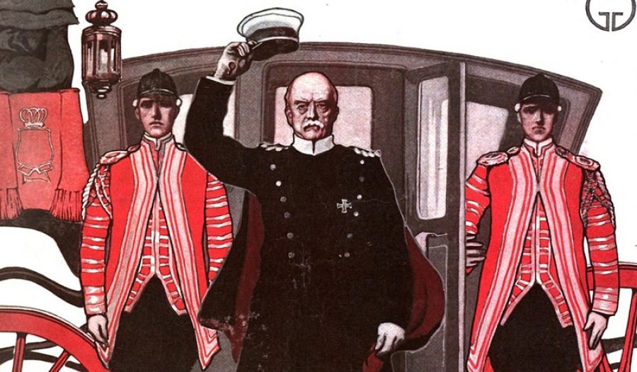 Otto von Bismarck, by George Gibbs. Cover of "Saturday Evening Post" Magazine, 1903. <a href="https://commons.wikimedia.org/wiki/File:Saturday_evening_post_1903_11_28_a.jpg">Public domain</a>.