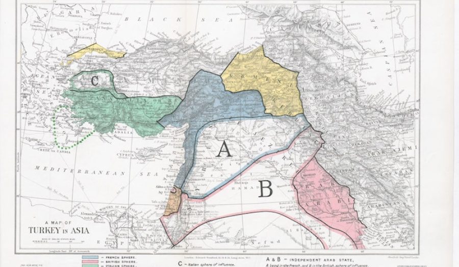 Ottoman Empire map with partitions, part of the memoranda for the 1919 Paris Peace Conference. CREDIT: <a href="https://commons.wikimedia.org/wiki/File:Peace-conference-memoranda-respecting-syria-arabia-palestine5.jpg">Stanfords Geographical Establishment London/Public Domain</a>