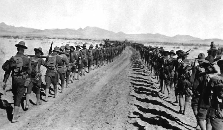Pancho Villa Expedition. Column of 6th and 16th Infantry, between Corralitos Rancho and Ojo Federico, January 1917. <br>CREDIT: <a href="https://commons.wikimedia.org/wiki/File:Pancho_Villa_Expedition_-_Infantry_Columns_HD-SN-99-02007.JPEG">C. Tuckber Beckett/U.S. Department of Defense/Public Domain</a>