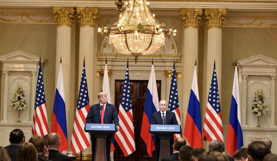 Donald Trump & Vladimir Putin in Helsinki, Finland, July 16, 2018. CREDIT: <a href="https://commons.wikimedia.org/wiki/File:Vladimir_Putin_%26_Donald_Trump_in_Helsinki,_16_July_2018_(7).jpg">Kremlin.ru (CC)</a>.
