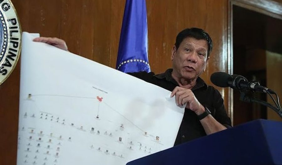 Filipino President Rodrigo Duterte with a chart illustrating the drug trade network, July 2016. CREDIT: <a href="http://bit.ly/2bW3D42">King Rodriguez/Wikimedia</a>