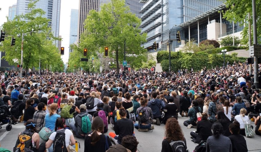 Protesters stage a sit-in at Seattle City Hall, June 3, 2020. CREDIT: <a href="https://commons.wikimedia.org/wiki/File:George_Floyd_protests_in_Seattle_-_June_3,_2020_-_Sit-in_at_Seattle_City_Hall_02.jpg">SounderBruce (CC)</a>.