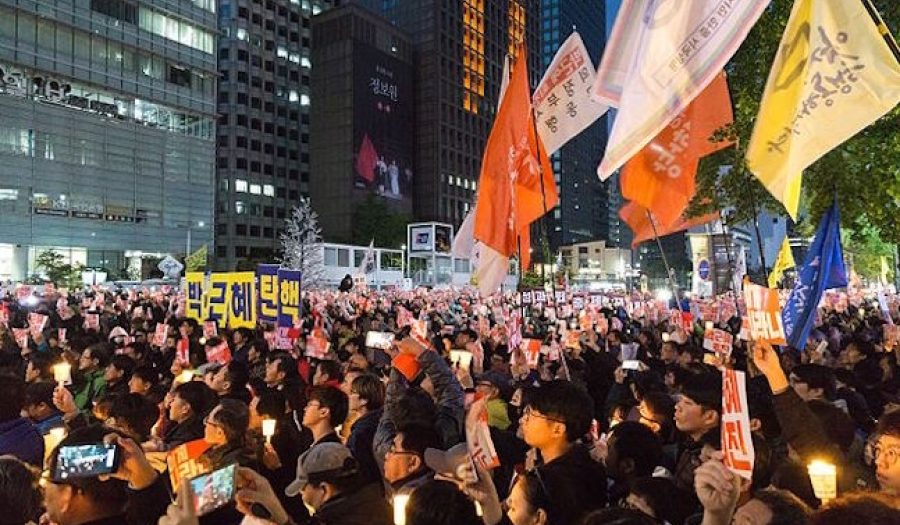 Protest against now-impeached South Korean President Park Geun-hye in Seoul, October 2016. CREDIT: <a href="https://www.flickr.com/photos/tkazec/30021968224/">Teddy Cross</a><a href="https://creativecommons.org/licenses/by/2.0/"> (CC)</a>