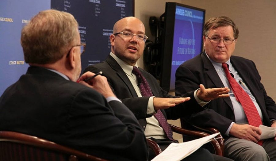 L to R: David C. Speedie, Dr. Nikolas K. Gvosdev, Ambassador John A. Cloud. CREDIT: Gusta Johnson, Carnegie Council