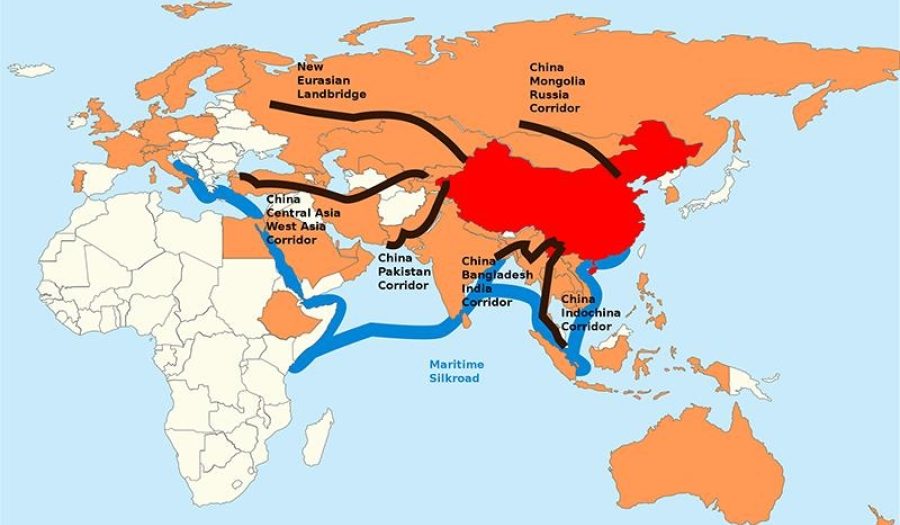 Map depicting China's Belt and Road Initiative. CREDIT: <a href="https://commons.wikimedia.org/wiki/File:One-belt-one-road.svg">Lommes (CC)</a>.