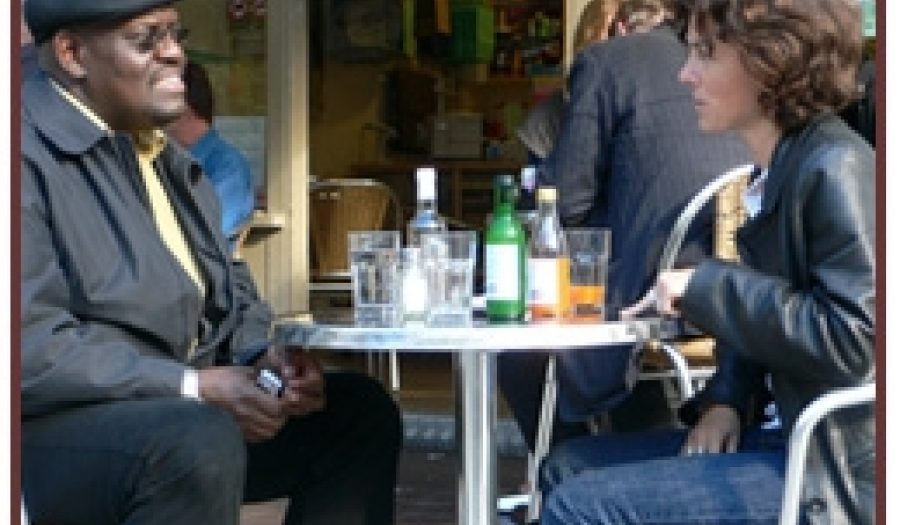 John Githongo in discussion with Michela Wrong. <br>Photo by Peter Chappell.